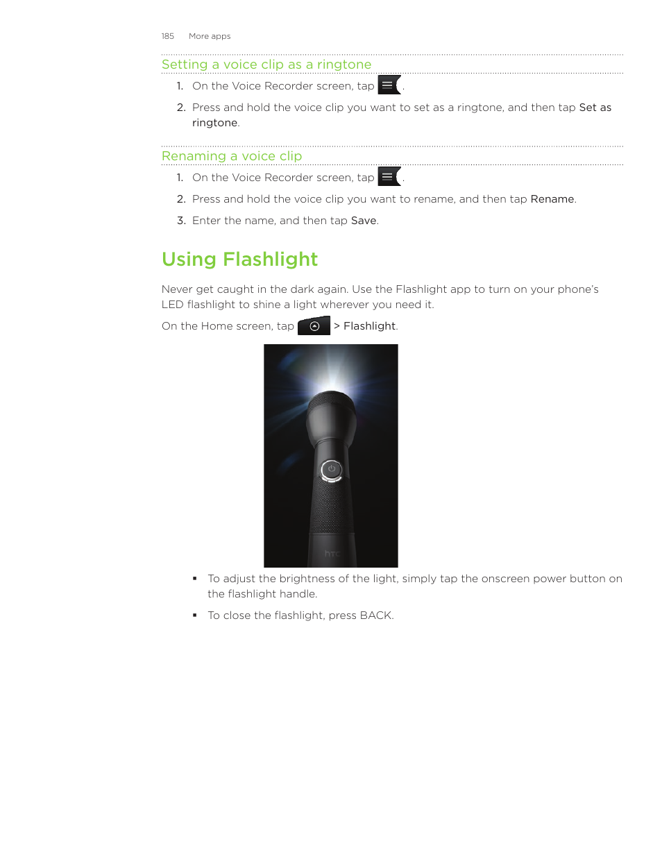 Using flashlight | HTC Inspire 4G User Manual | Page 185 / 206