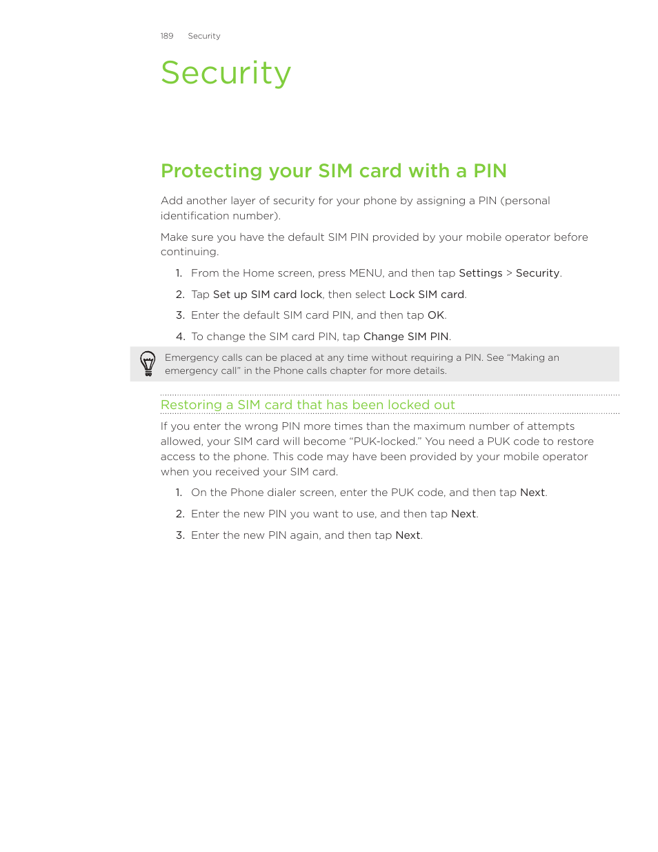 Security, Protecting your sim card with a pin | HTC Inspire 4G User Manual | Page 189 / 206