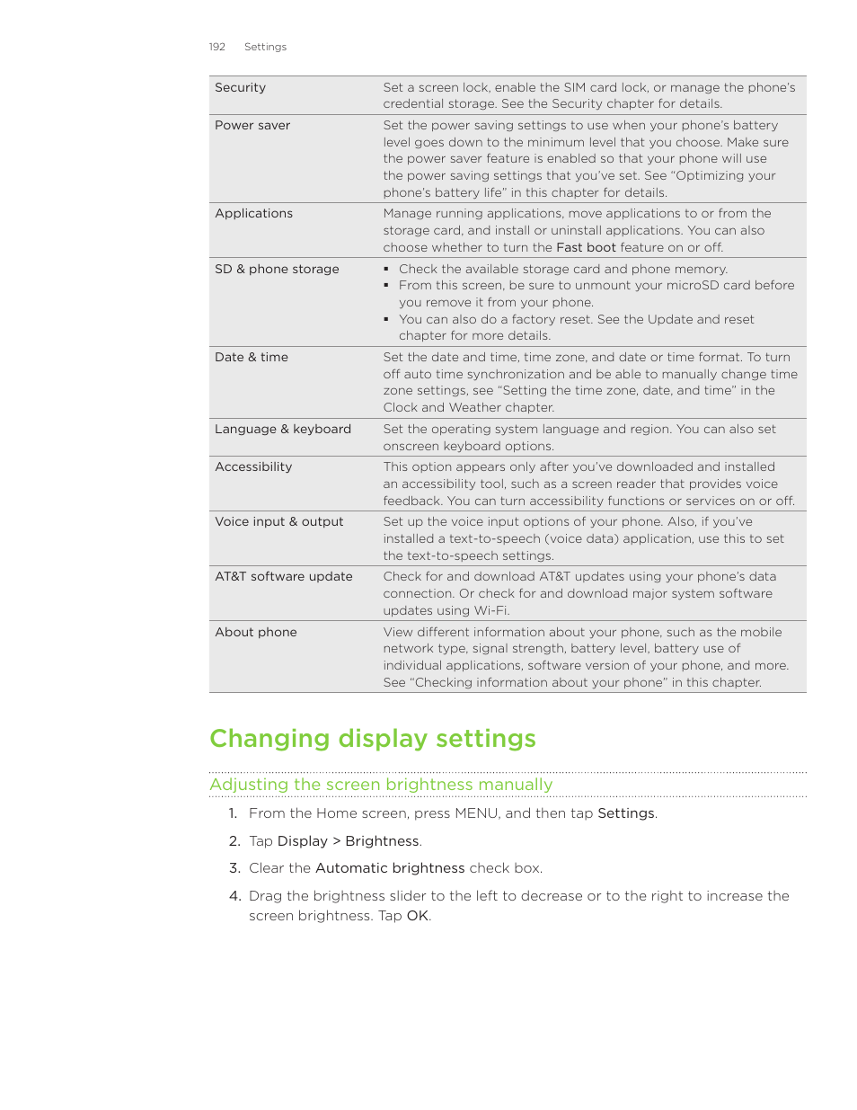 Changing display settings | HTC Inspire 4G User Manual | Page 192 / 206
