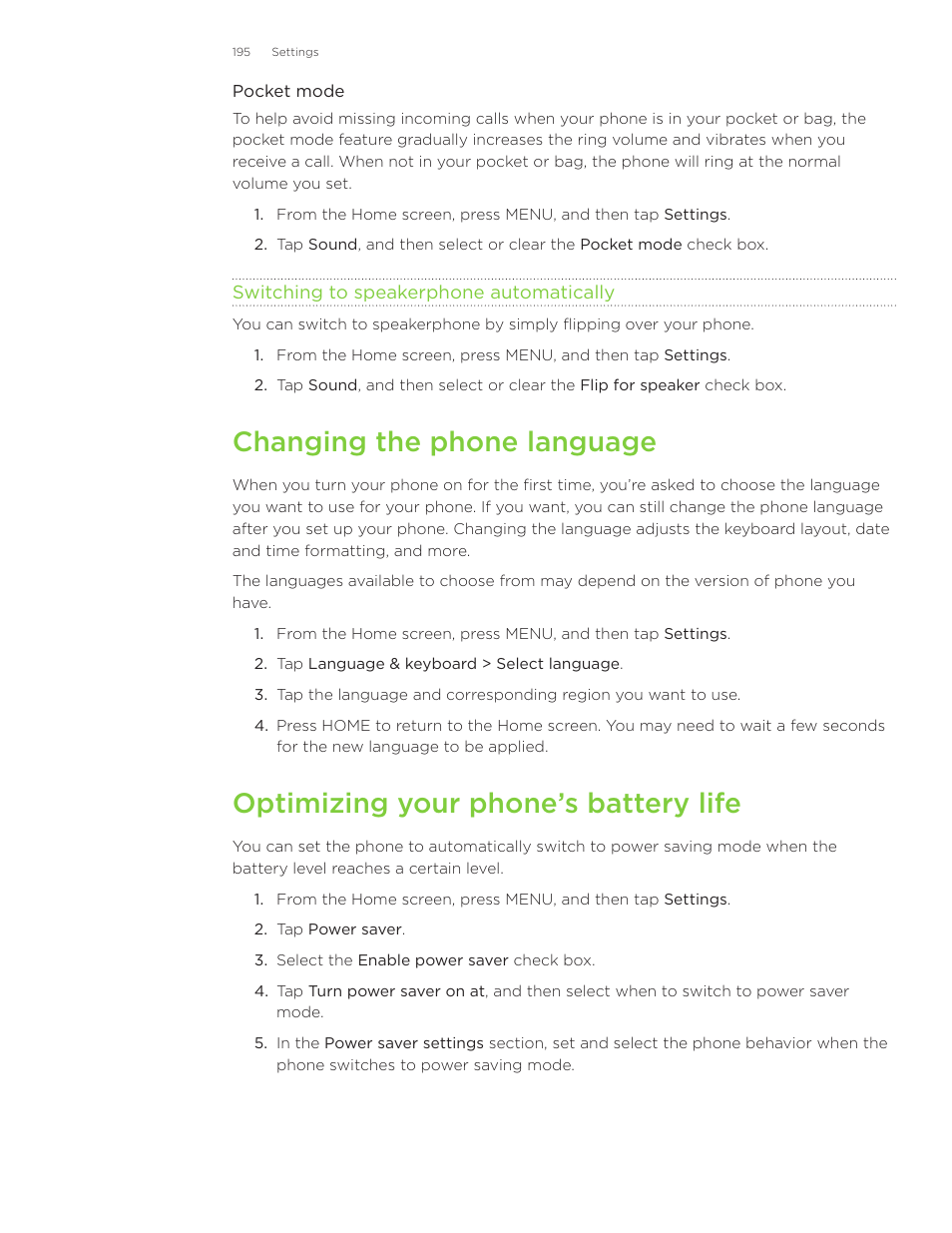 Changing the phone language, Optimizing your phone’s battery life | HTC Inspire 4G User Manual | Page 195 / 206