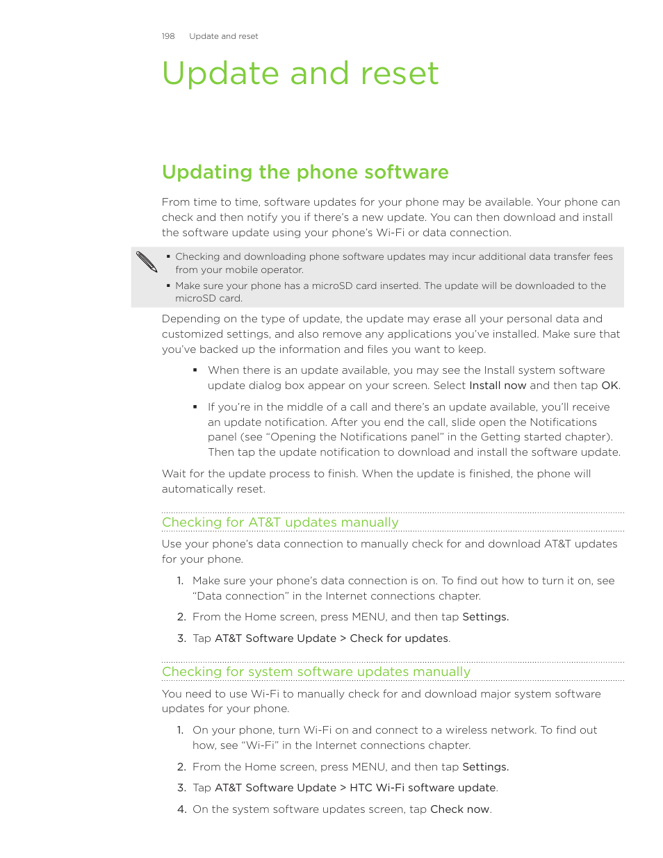 Update and reset, Updating the phone software | HTC Inspire 4G User Manual | Page 198 / 206