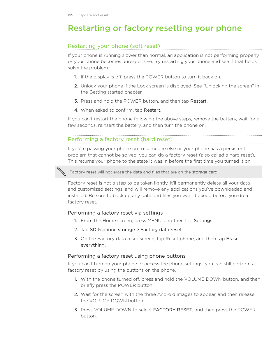 Restarting or factory resetting your phone | HTC Inspire 4G User Manual | Page 199 / 206