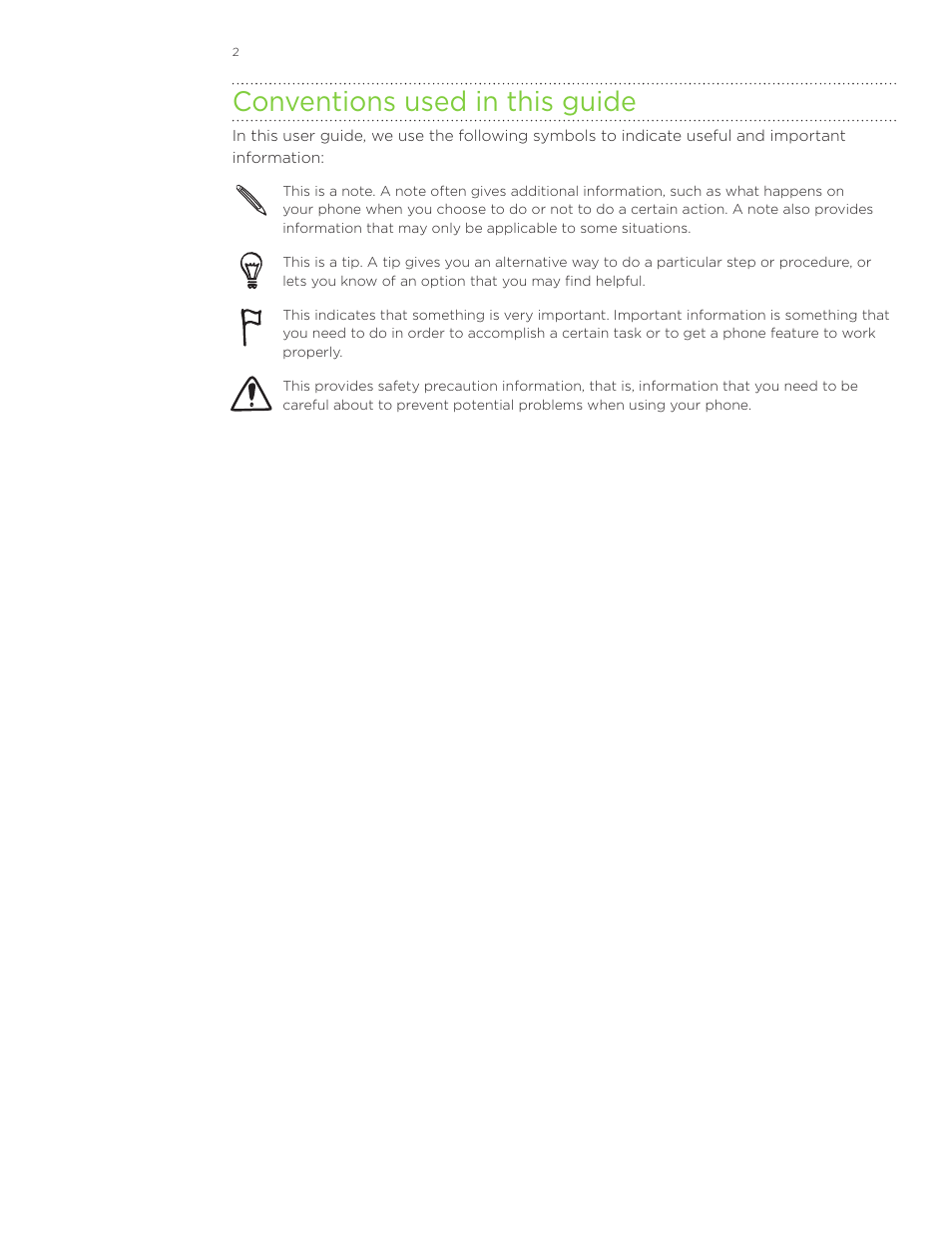 Conventions used in this guide | HTC Inspire 4G User Manual | Page 2 / 206