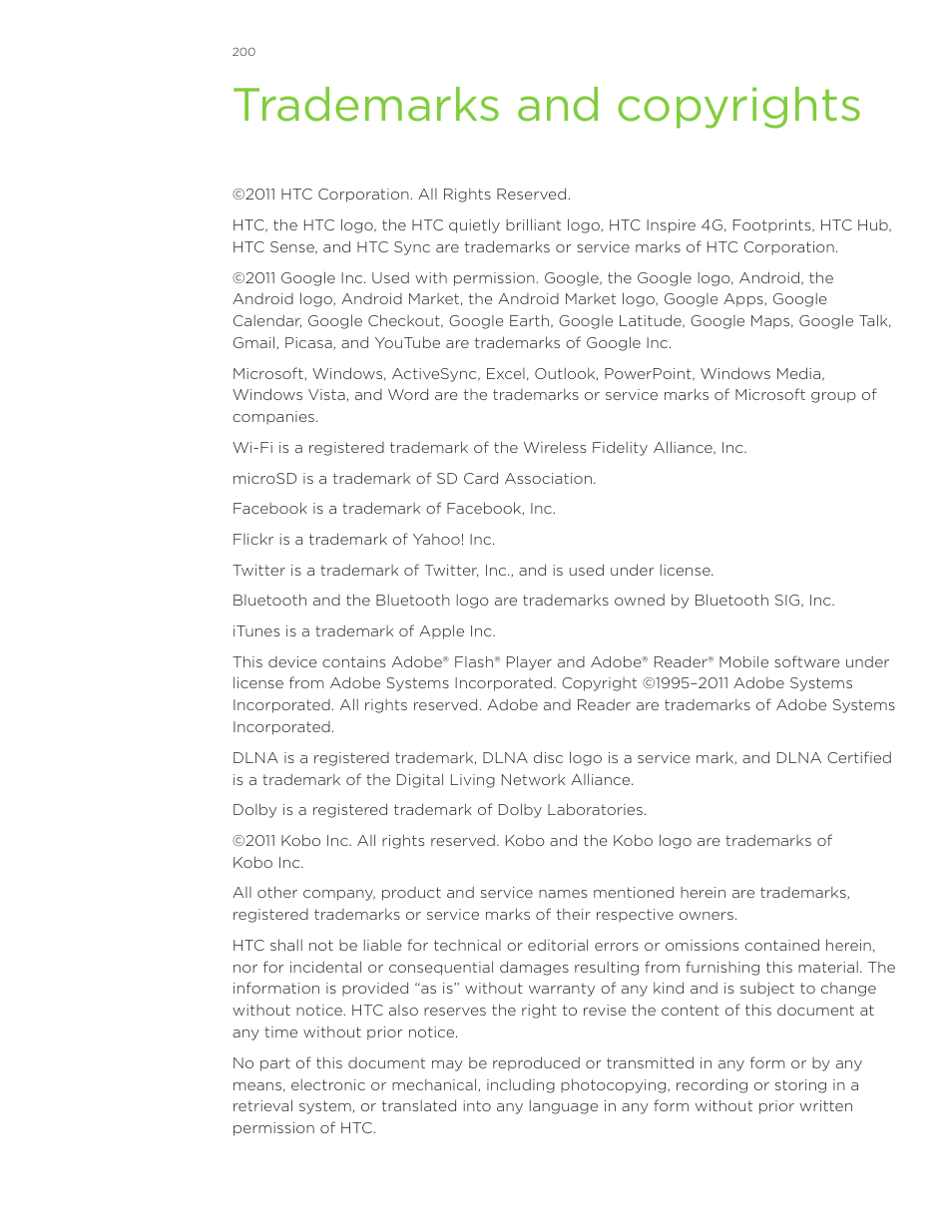 Trademarks and copyrights | HTC Inspire 4G User Manual | Page 200 / 206