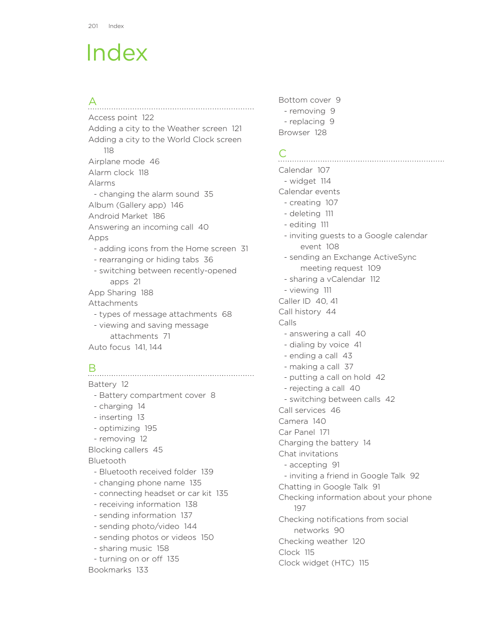 Index | HTC Inspire 4G User Manual | Page 201 / 206