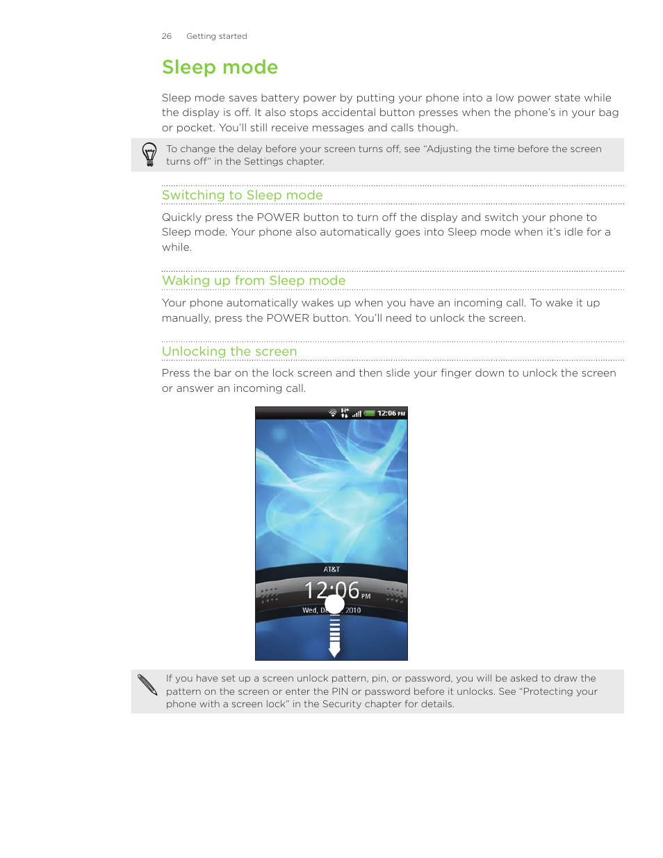 Sleep mode | HTC Inspire 4G User Manual | Page 26 / 206