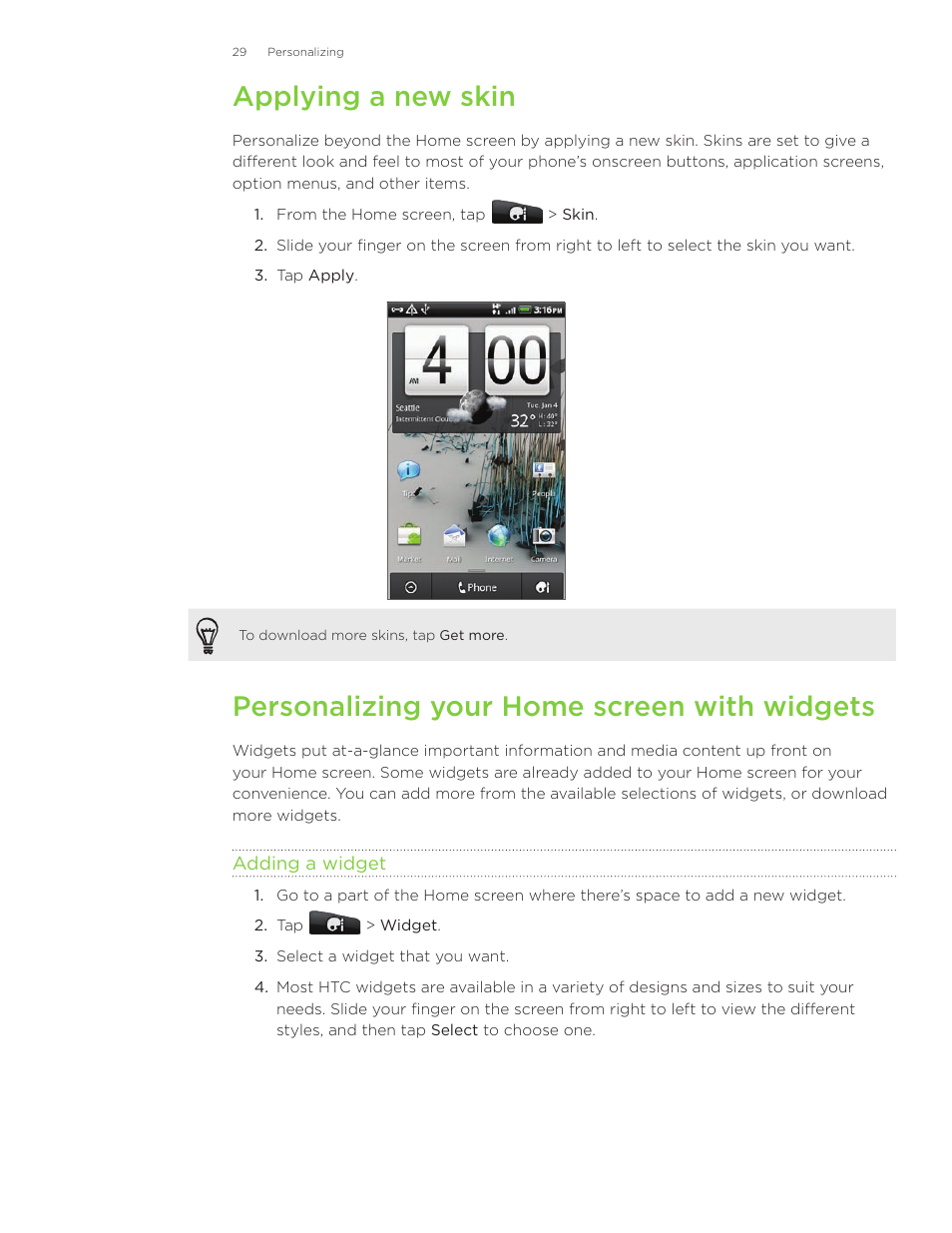 Applying a new skin, Personalizing your home screen with widgets | HTC Inspire 4G User Manual | Page 29 / 206