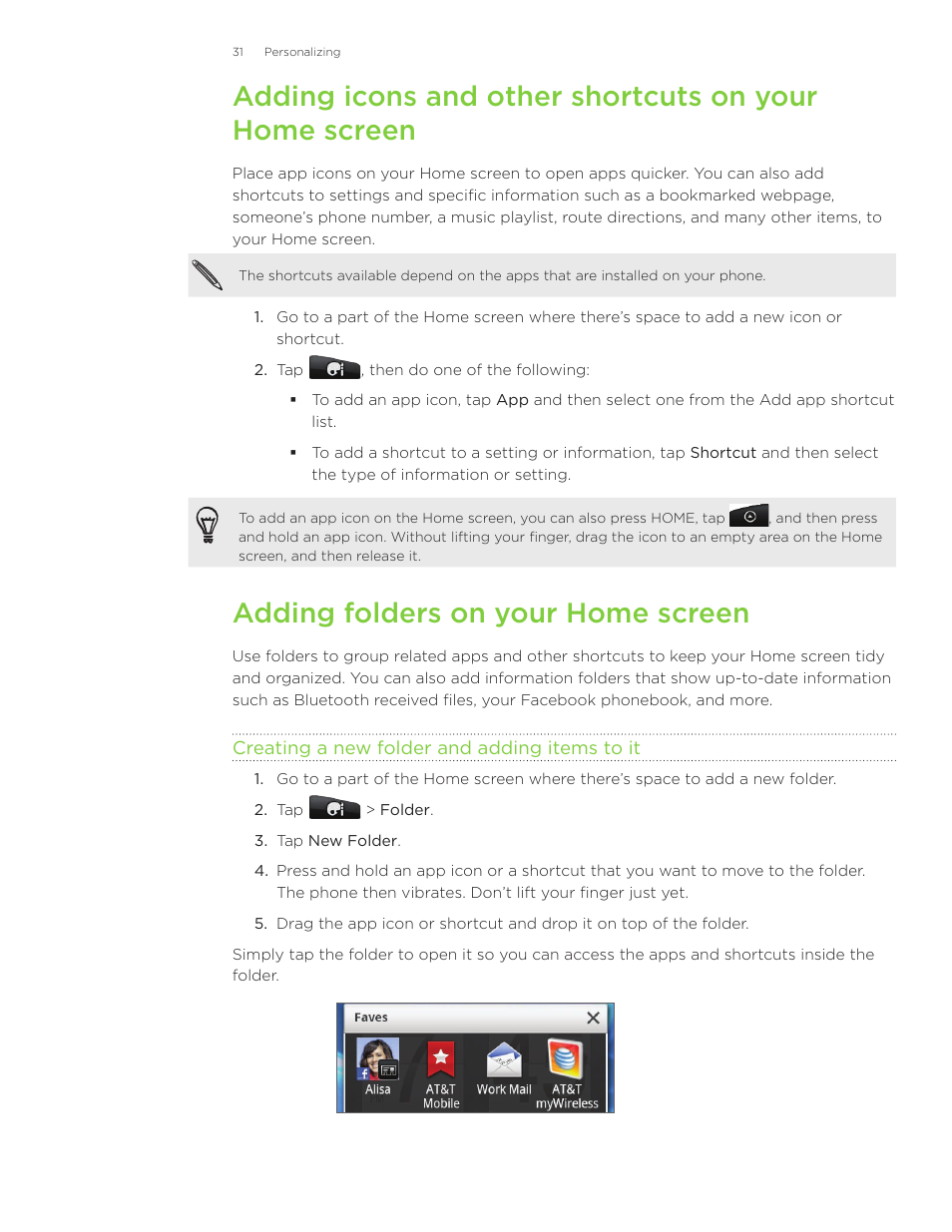 Adding folders on your home screen | HTC Inspire 4G User Manual | Page 31 / 206