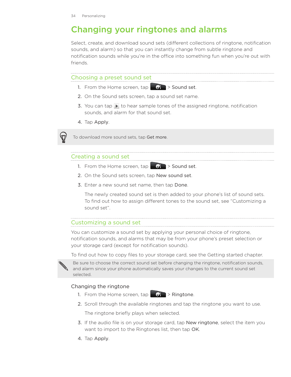 Changing your ringtones and alarms | HTC Inspire 4G User Manual | Page 34 / 206