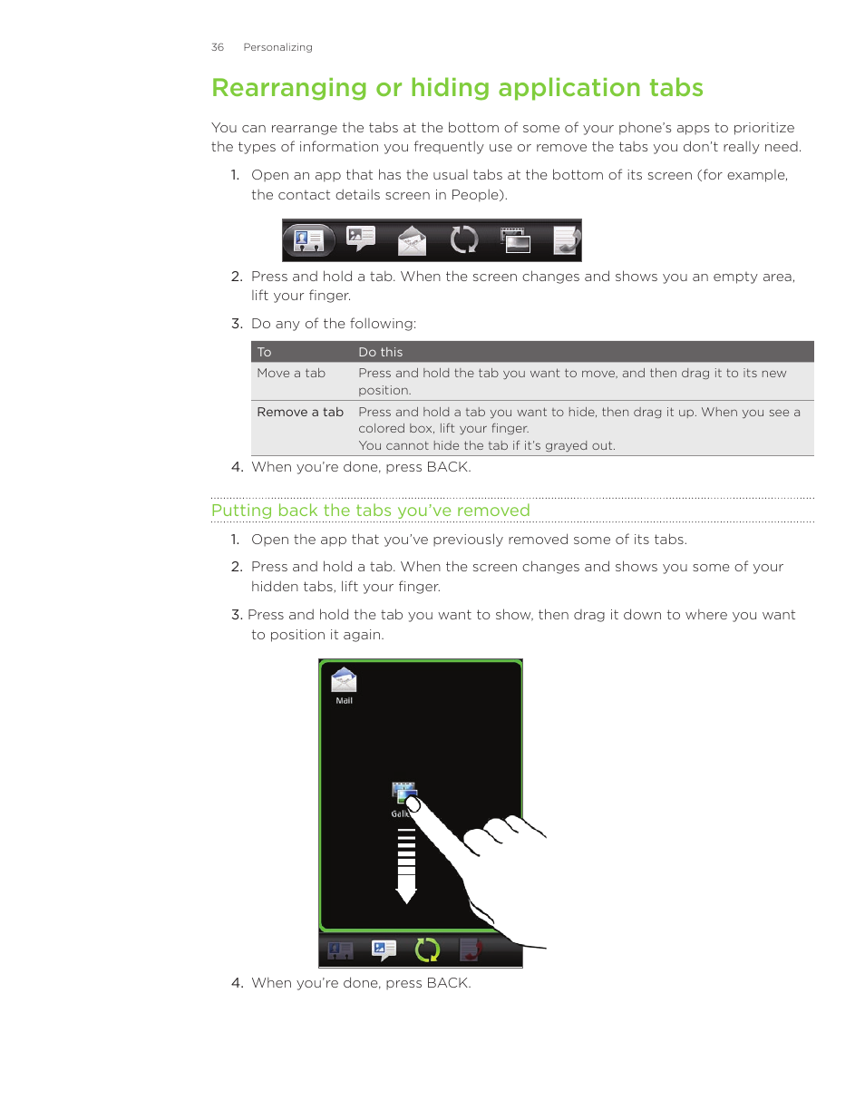 Rearranging or hiding application tabs | HTC Inspire 4G User Manual | Page 36 / 206