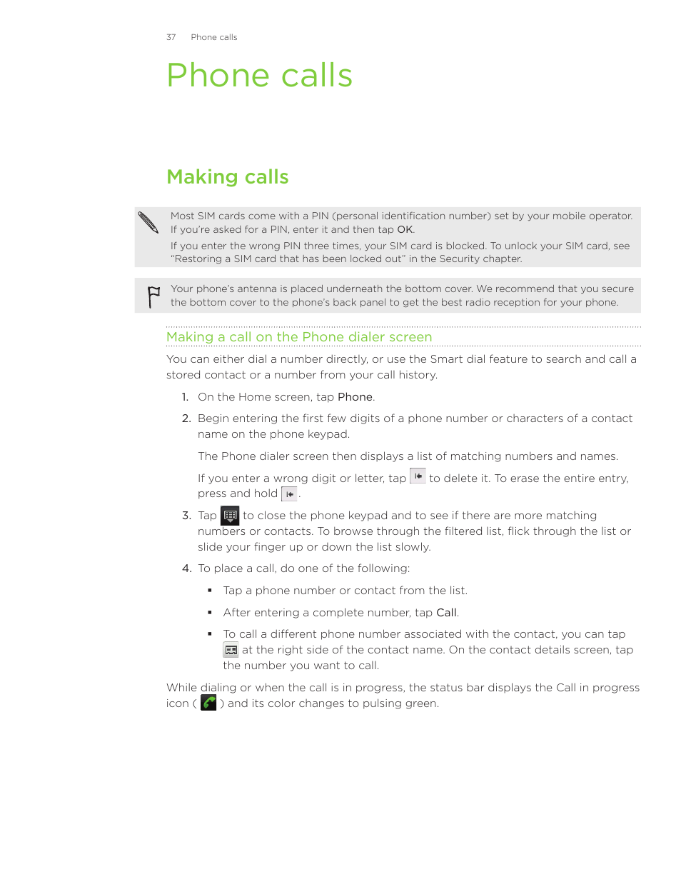 Phone calls, Making calls | HTC Inspire 4G User Manual | Page 37 / 206