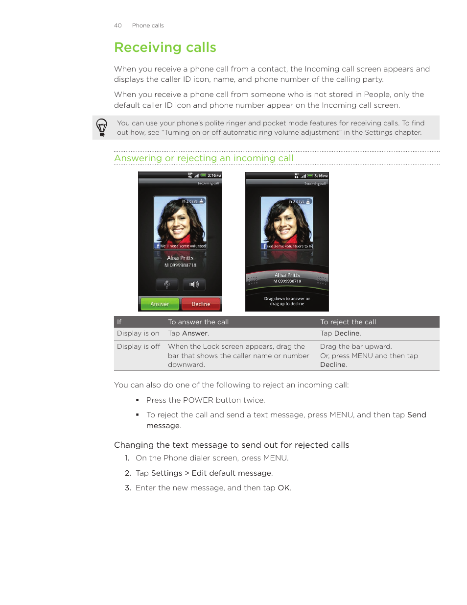 Receiving calls | HTC Inspire 4G User Manual | Page 40 / 206