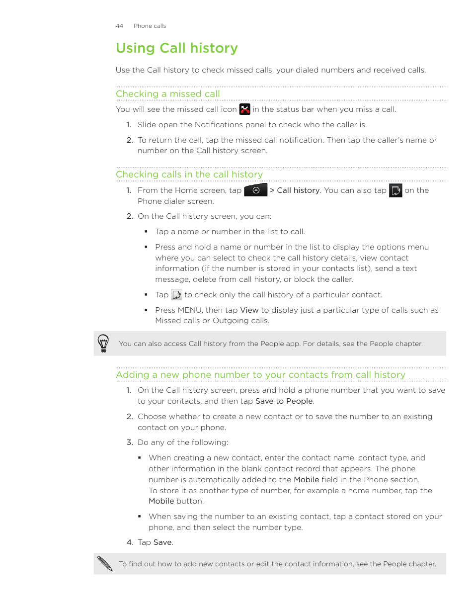 Using call history | HTC Inspire 4G User Manual | Page 44 / 206