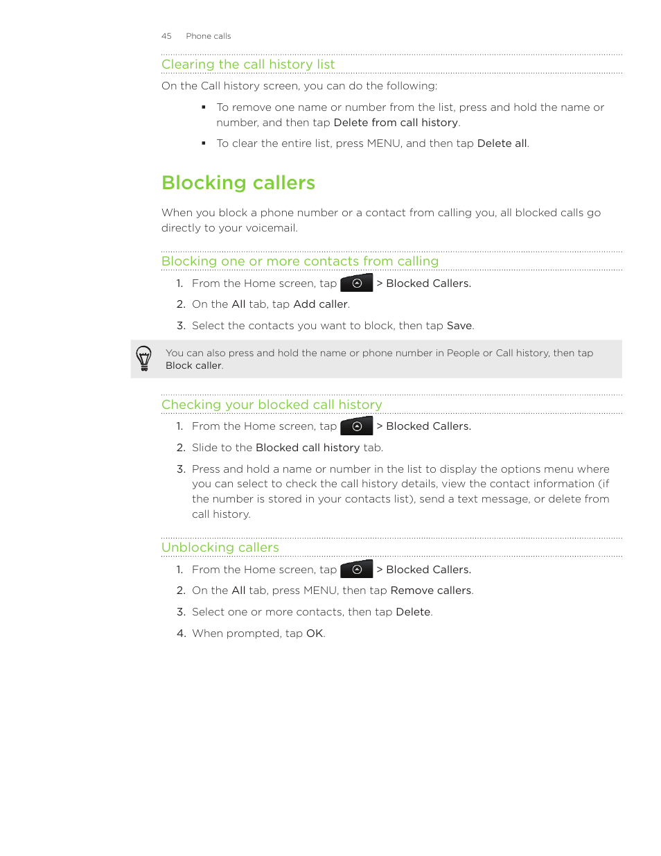 Blocking callers | HTC Inspire 4G User Manual | Page 45 / 206