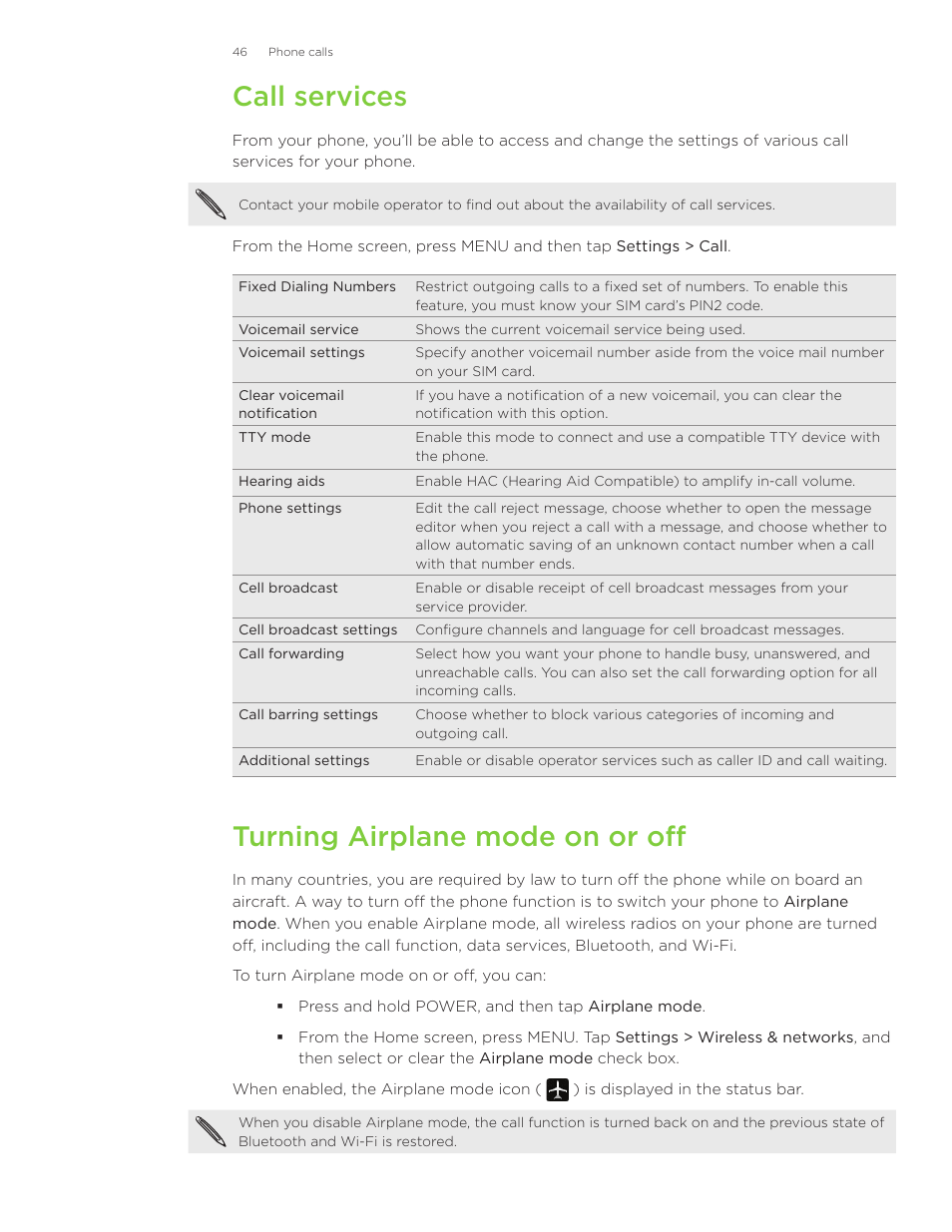 Call services, Turning airplane mode on or off | HTC Inspire 4G User Manual | Page 46 / 206
