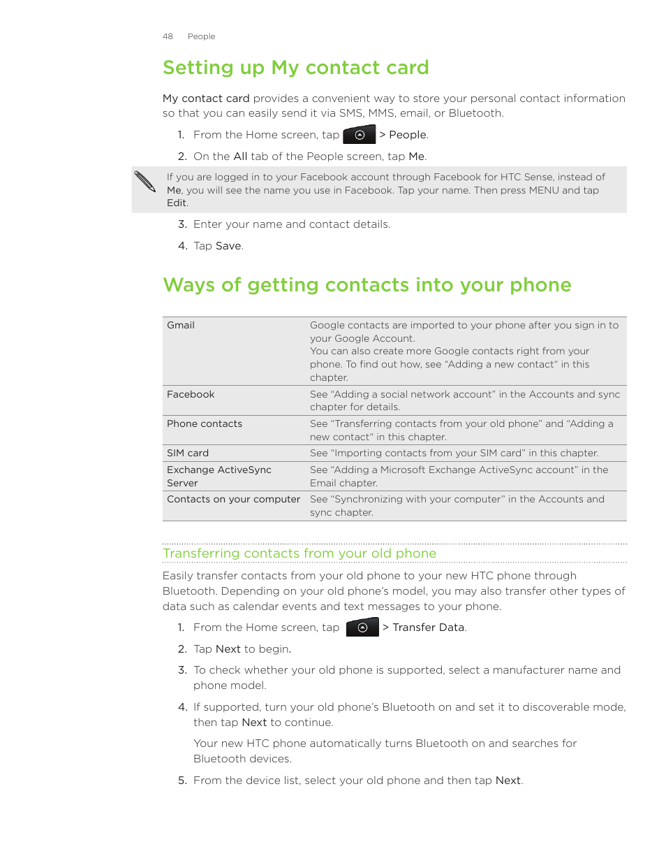 Setting up my contact card, Ways of getting contacts into your phone | HTC Inspire 4G User Manual | Page 48 / 206