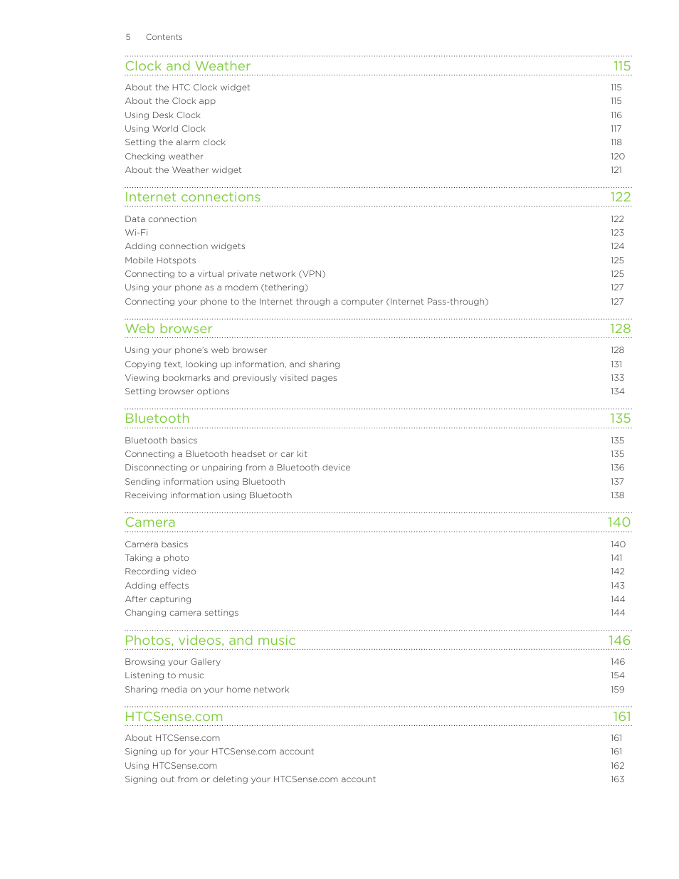 Clock and weather 115, Internet connections 122, Web browser 128 | Bluetooth 135, Camera 140, Photos, videos, and music 146 | HTC Inspire 4G User Manual | Page 5 / 206
