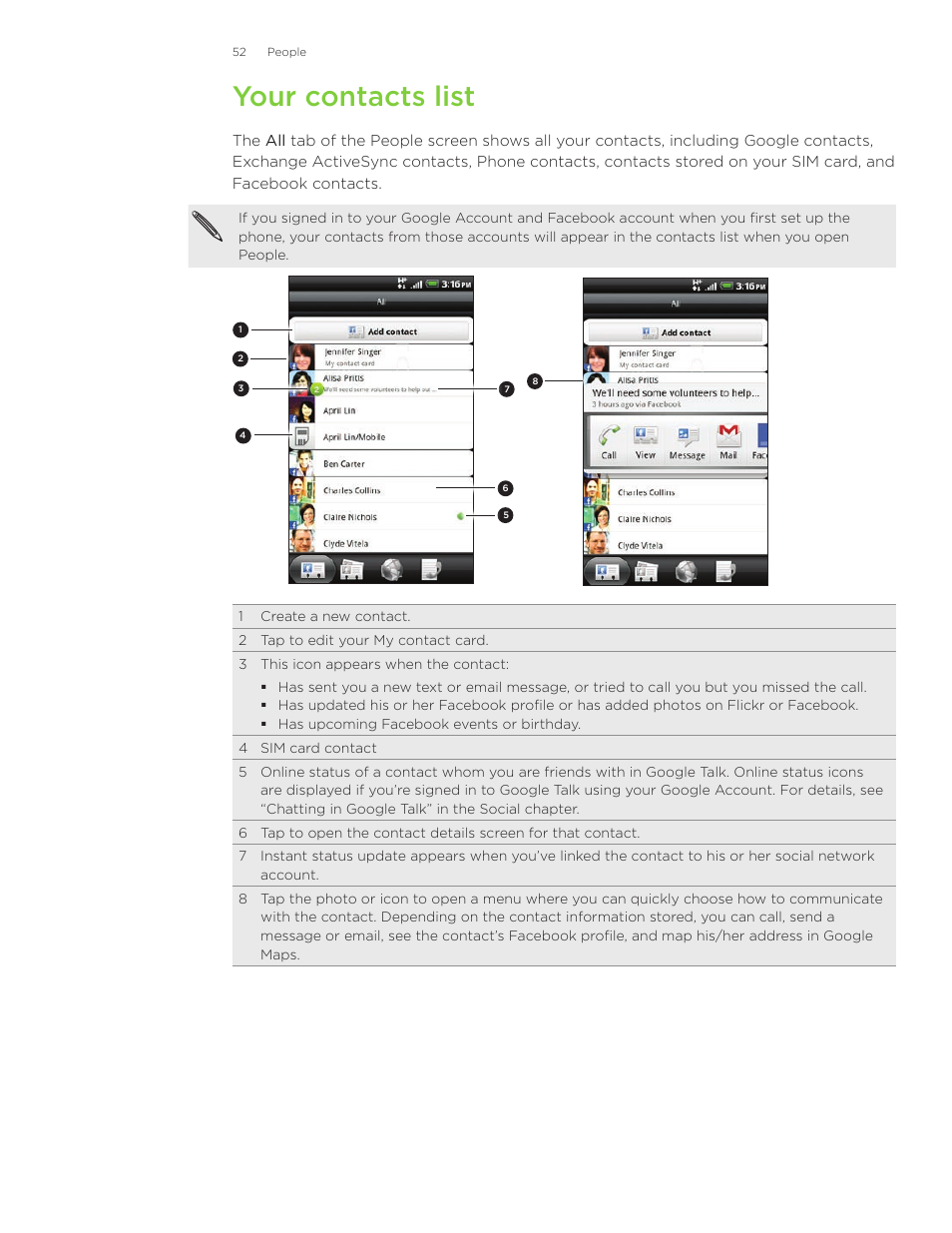 Your contacts list | HTC Inspire 4G User Manual | Page 52 / 206