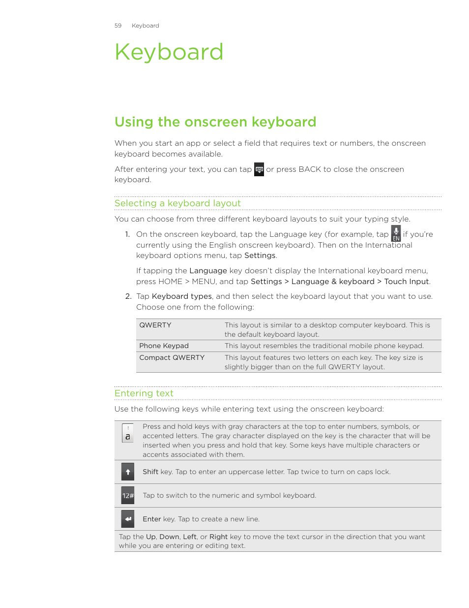 Keyboard, Using the onscreen keyboard | HTC Inspire 4G User Manual | Page 59 / 206