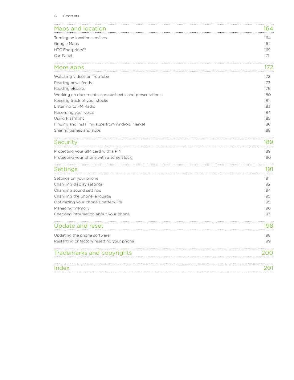 Maps and location 164, More apps 172, Security 189 | Settings 191, Update and reset 198 | HTC Inspire 4G User Manual | Page 6 / 206