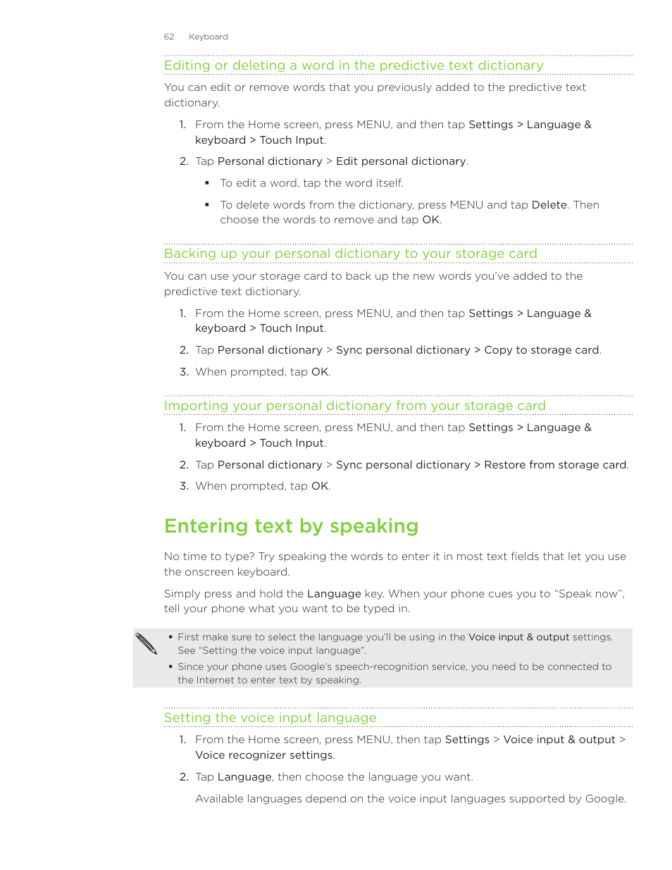 Entering text by speaking | HTC Inspire 4G User Manual | Page 62 / 206
