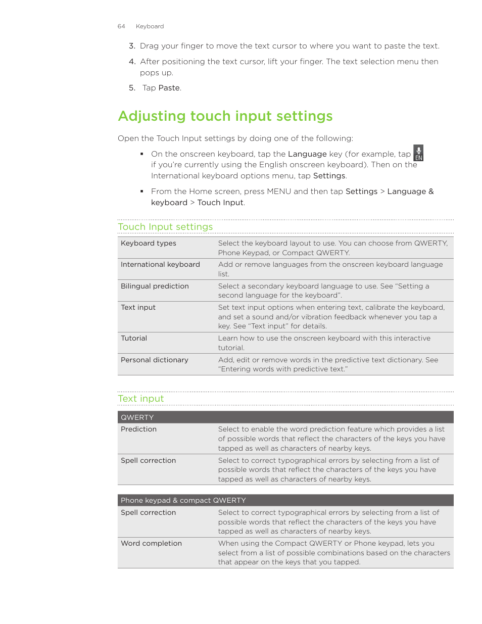Adjusting touch input settings | HTC Inspire 4G User Manual | Page 64 / 206