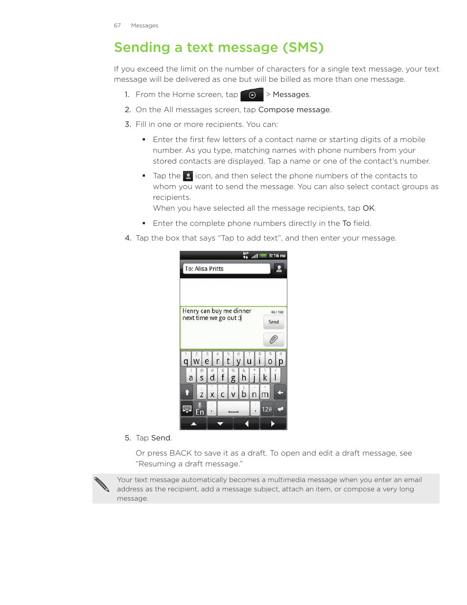 Sending a text message (sms) | HTC Inspire 4G User Manual | Page 67 / 206