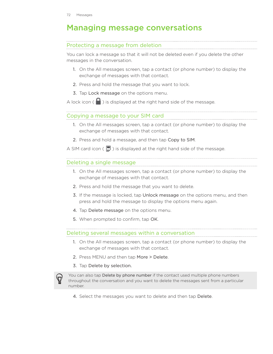 Managing message conversations | HTC Inspire 4G User Manual | Page 72 / 206