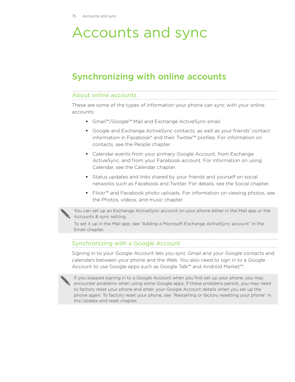 Accounts and sync, Synchronizing with online accounts | HTC Inspire 4G User Manual | Page 75 / 206