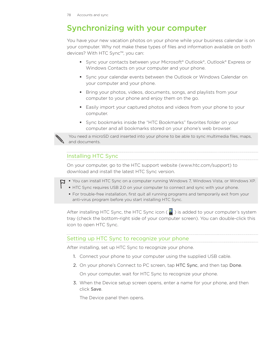 Synchronizing with your computer | HTC Inspire 4G User Manual | Page 78 / 206