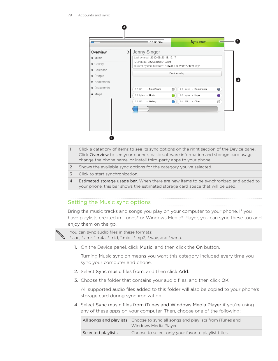 Setting the music sync options | HTC Inspire 4G User Manual | Page 79 / 206