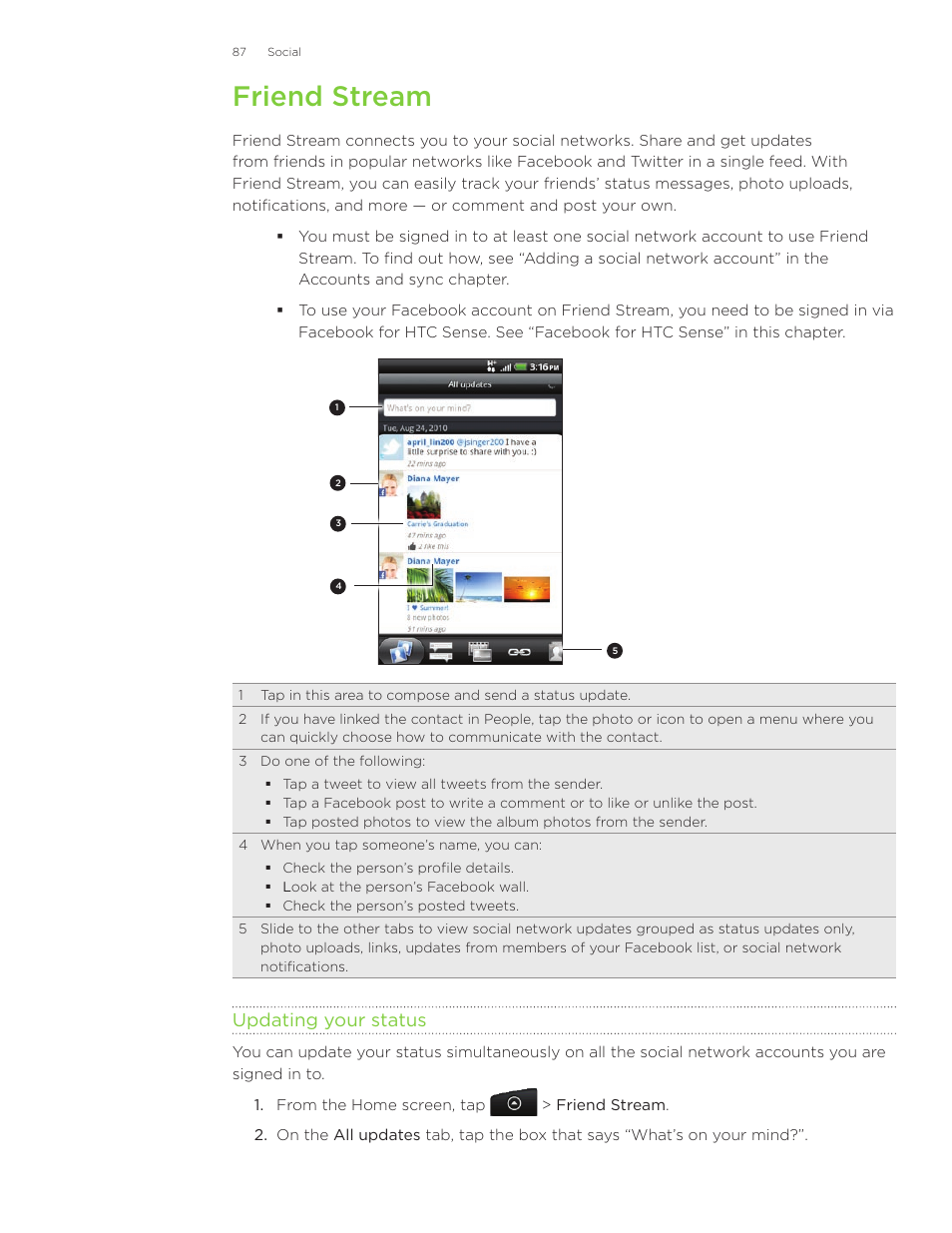 Friend stream, Updating your status | HTC Inspire 4G User Manual | Page 87 / 206