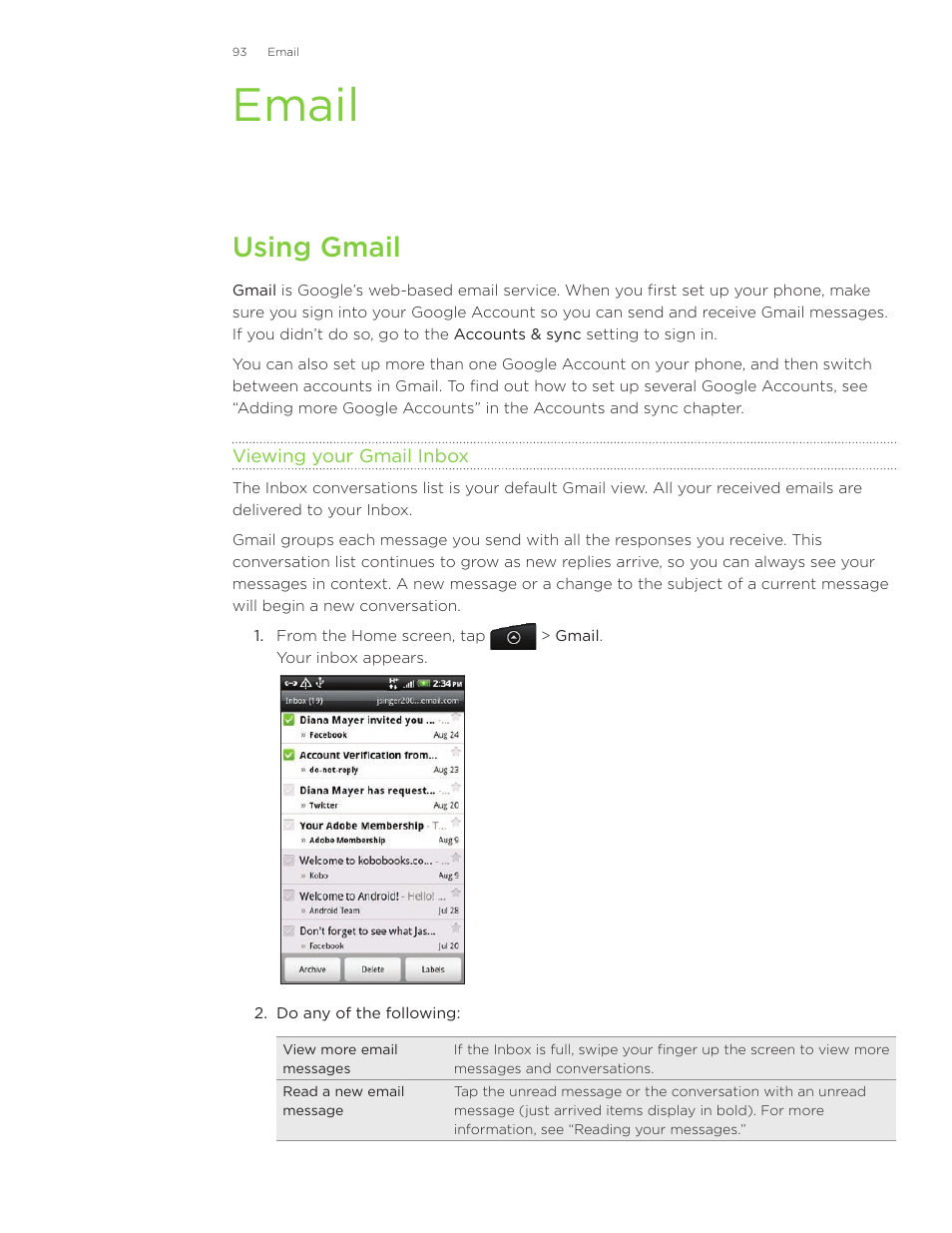 Email, Using gmail | HTC Inspire 4G User Manual | Page 93 / 206