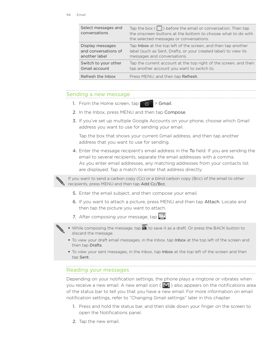 Sending a new message, Reading your messages | HTC Inspire 4G User Manual | Page 94 / 206