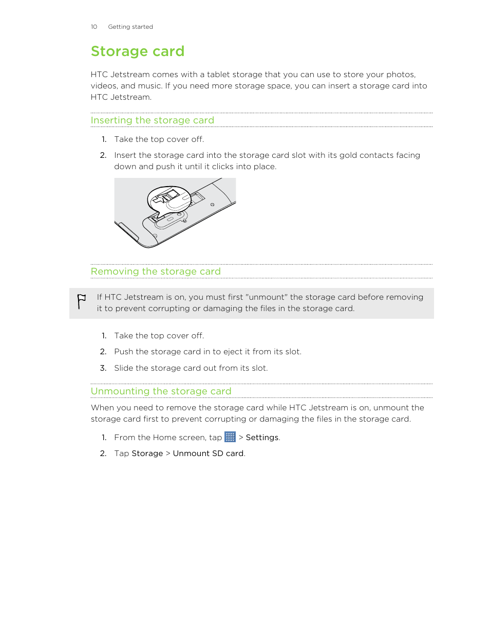 Storage card, Inserting the storage card, Removing the storage card | Unmounting the storage card | HTC Jetstream User Manual | Page 10 / 174