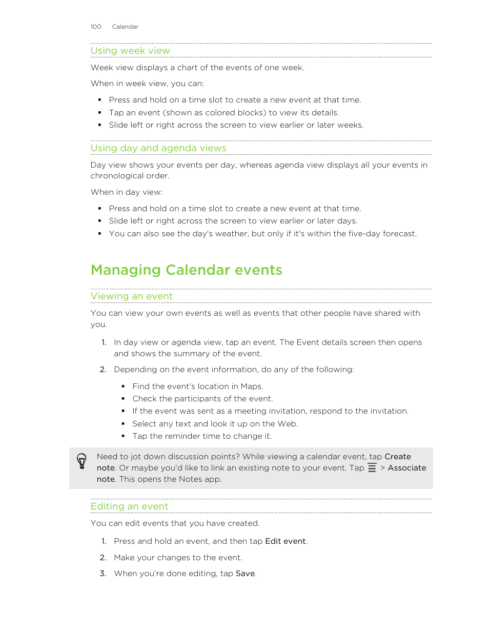 Using week view, Using day and agenda views, Managing calendar events | Viewing an event, Editing an event | HTC Jetstream User Manual | Page 100 / 174