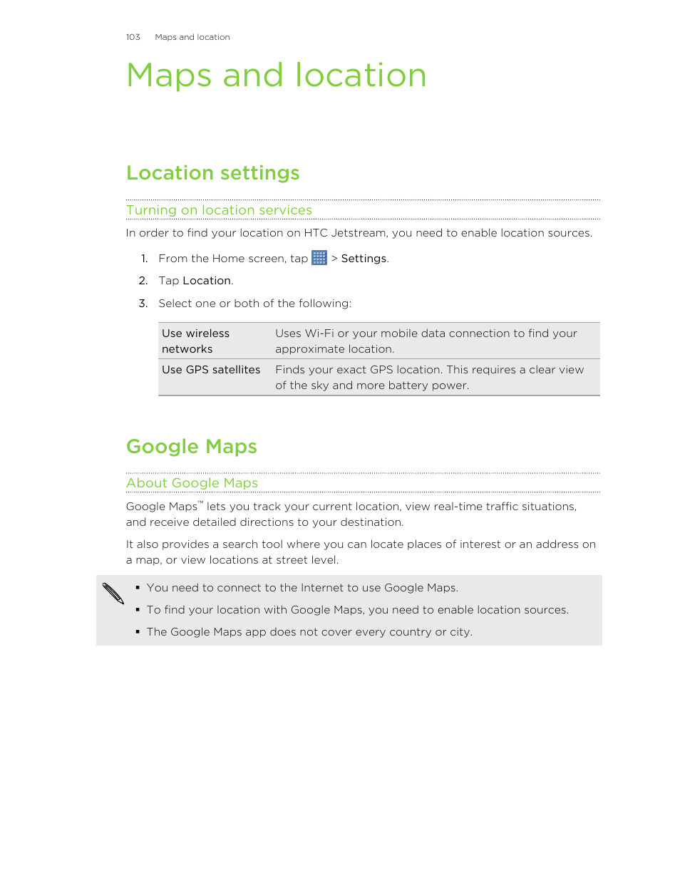 Maps and location, Location settings, Turning on location services | Google maps, About google maps | HTC Jetstream User Manual | Page 103 / 174