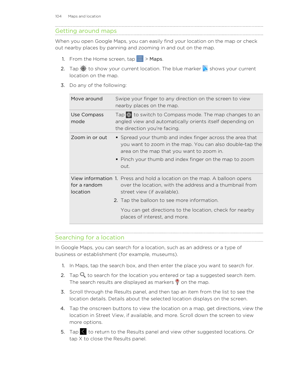 Getting around maps, Searching for a location | HTC Jetstream User Manual | Page 104 / 174