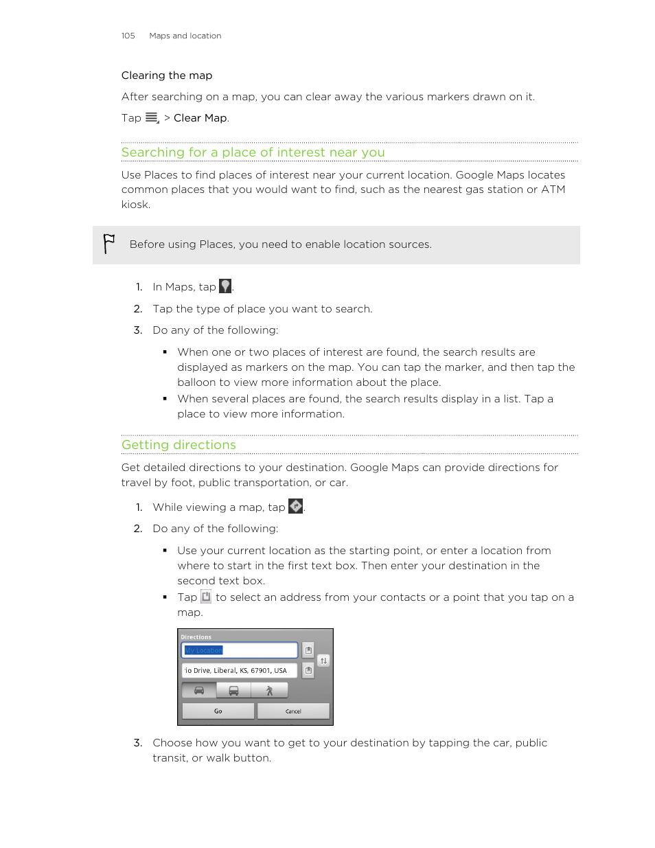 Clearing the map, Searching for a place of interest near you, Getting directions | HTC Jetstream User Manual | Page 105 / 174