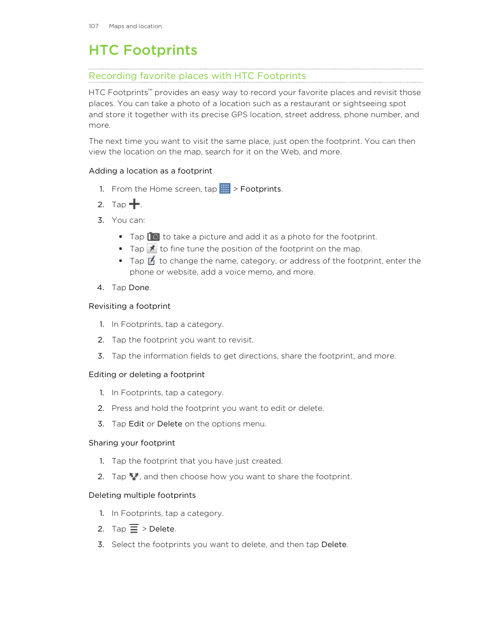 Htc footprints, Recording favorite places with htc footprints, Adding a location as a footprint | Revisiting a footprint, Editing or deleting a footprint, Sharing your footprint, Deleting multiple footprints | HTC Jetstream User Manual | Page 107 / 174