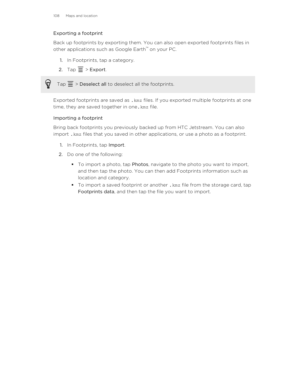 Exporting a footprint, Importing a footprint | HTC Jetstream User Manual | Page 108 / 174
