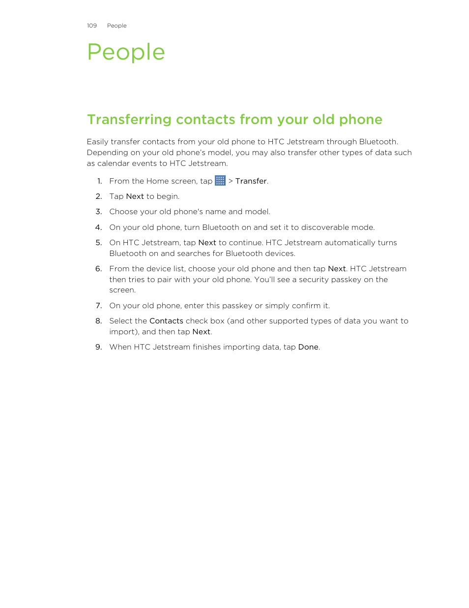 People, Transferring contacts from your old phone | HTC Jetstream User Manual | Page 109 / 174