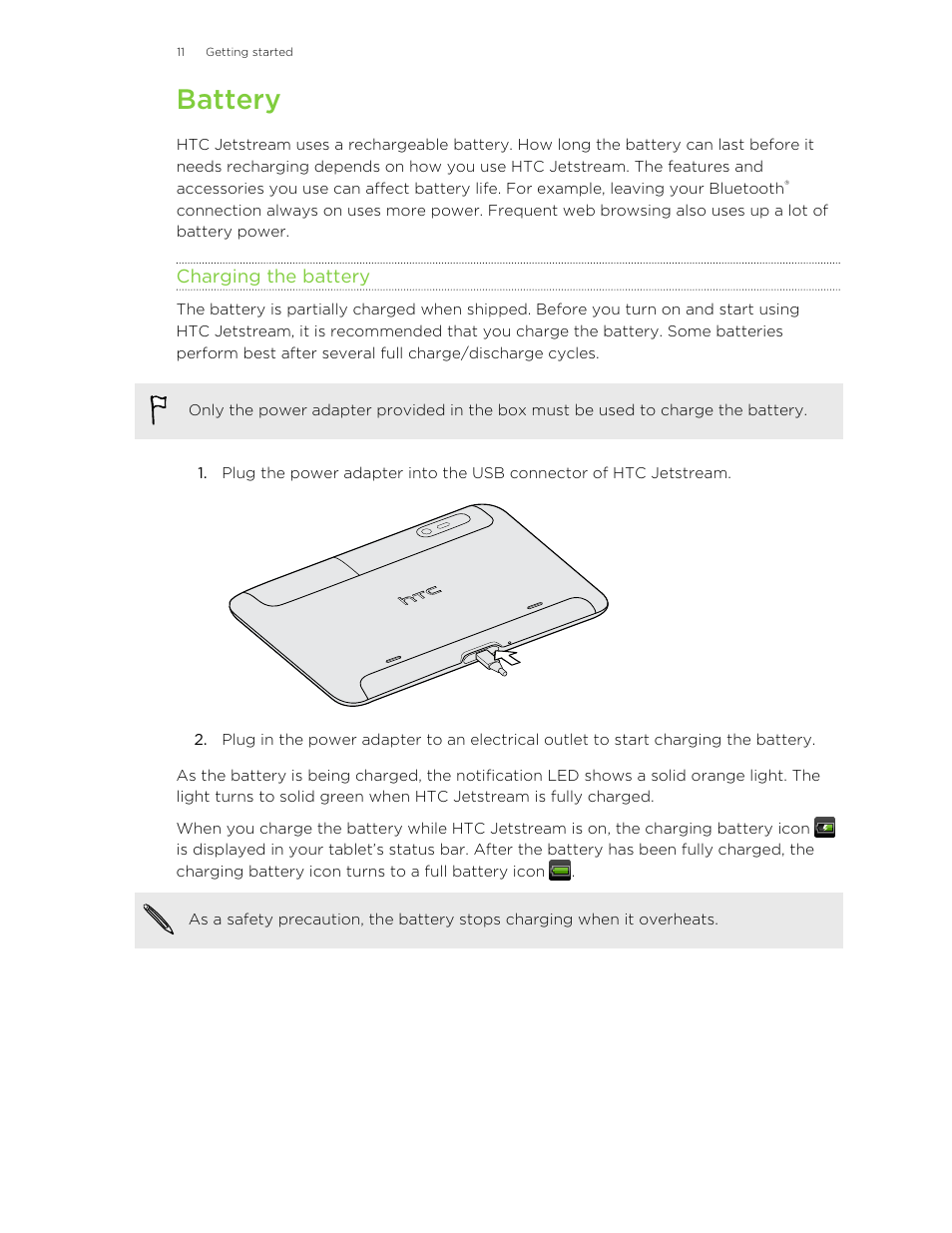 Battery, Charging the battery | HTC Jetstream User Manual | Page 11 / 174