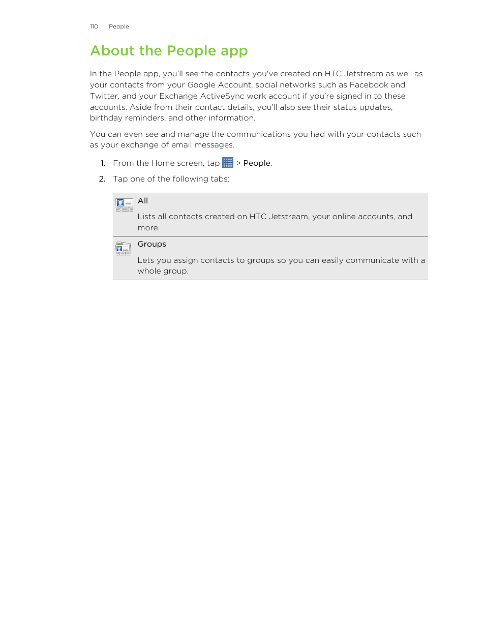 About the people app | HTC Jetstream User Manual | Page 110 / 174