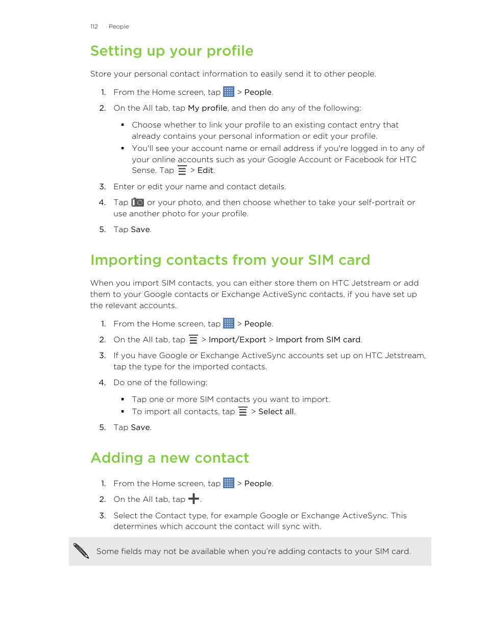 Setting up your profile, Importing contacts from your sim card, Adding a new contact | HTC Jetstream User Manual | Page 112 / 174