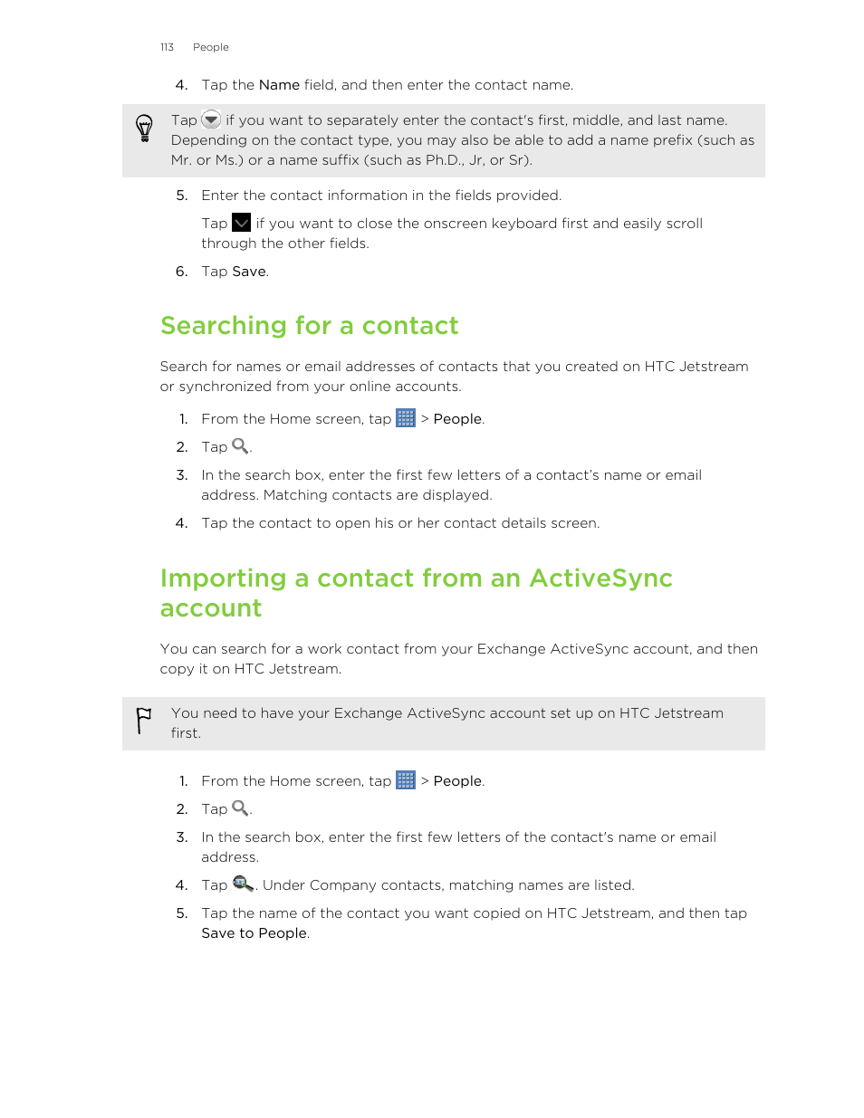 Searching for a contact, Importing a contact from an activesync account | HTC Jetstream User Manual | Page 113 / 174