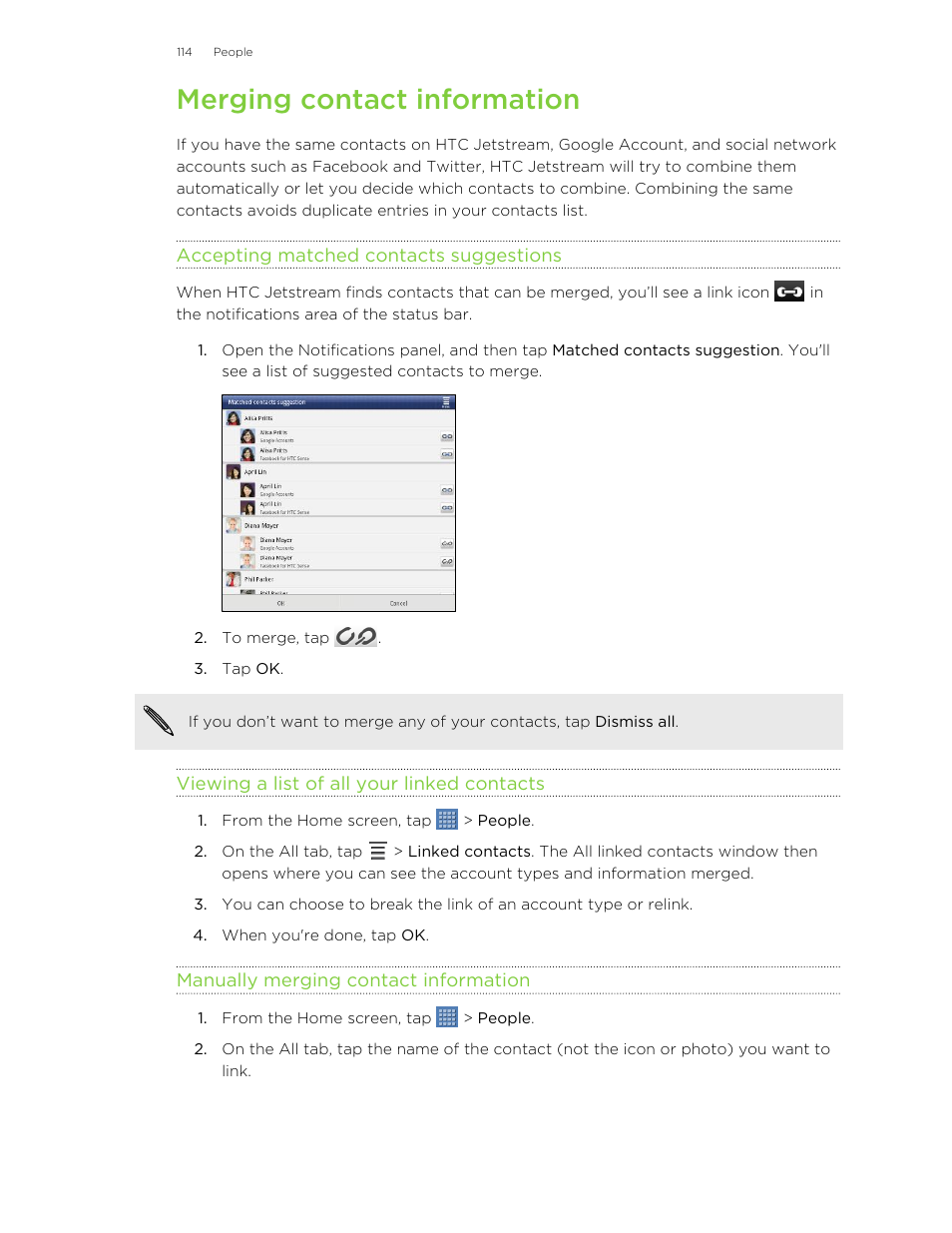Merging contact information, Accepting matched contacts suggestions, Viewing a list of all your linked contacts | Manually merging contact information | HTC Jetstream User Manual | Page 114 / 174