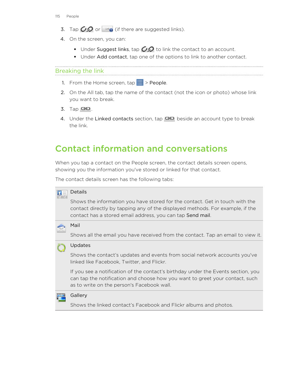 Breaking the link, Contact information and conversations | HTC Jetstream User Manual | Page 115 / 174