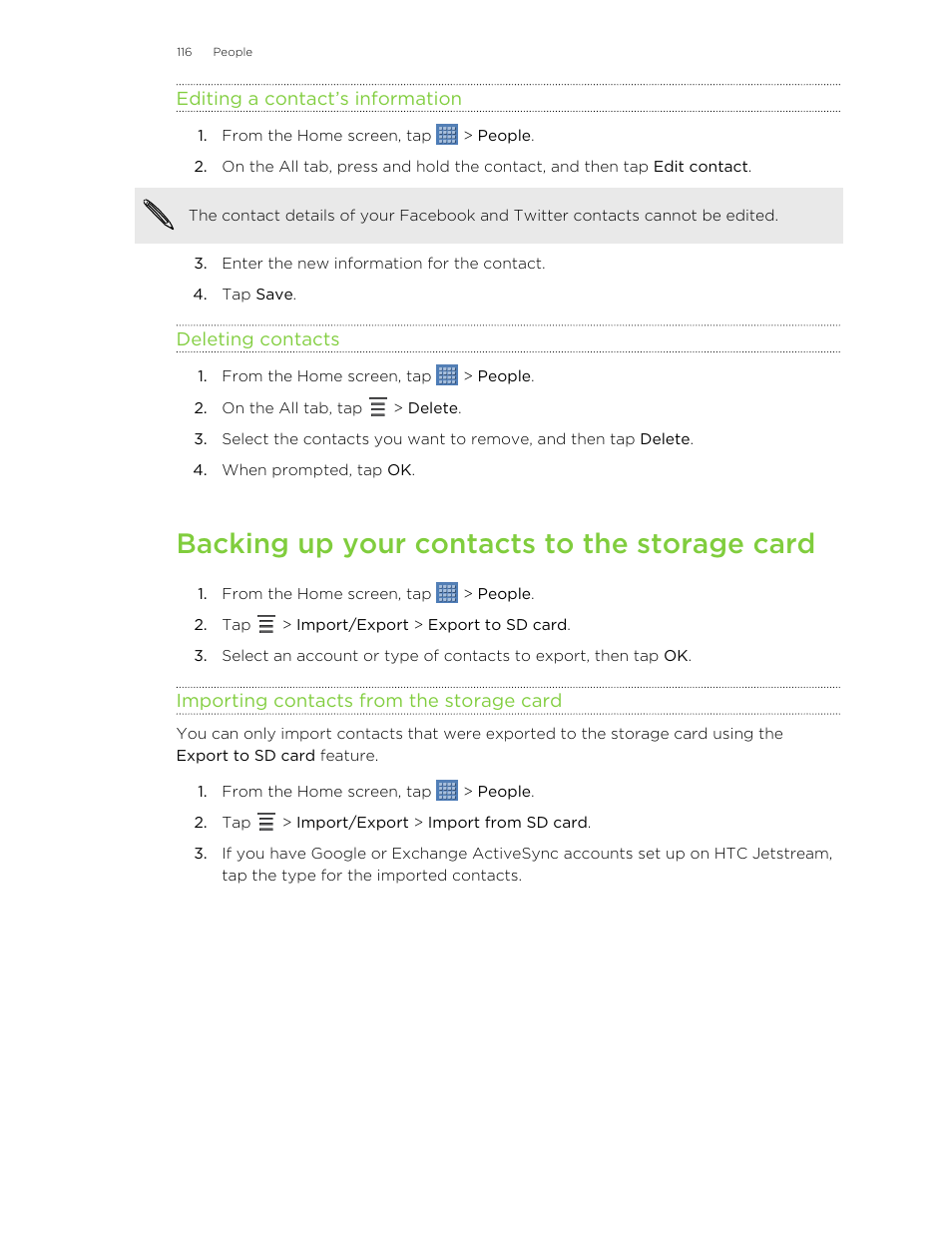 Editing a contact’s information, Deleting contacts, Backing up your contacts to the storage card | Importing contacts from the storage card | HTC Jetstream User Manual | Page 116 / 174