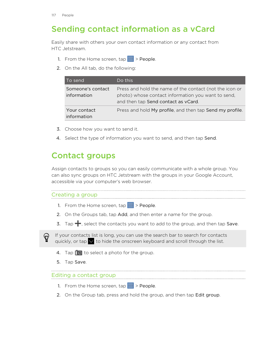 Sending contact information as a vcard, Contact groups, Creating a group | Editing a contact group | HTC Jetstream User Manual | Page 117 / 174